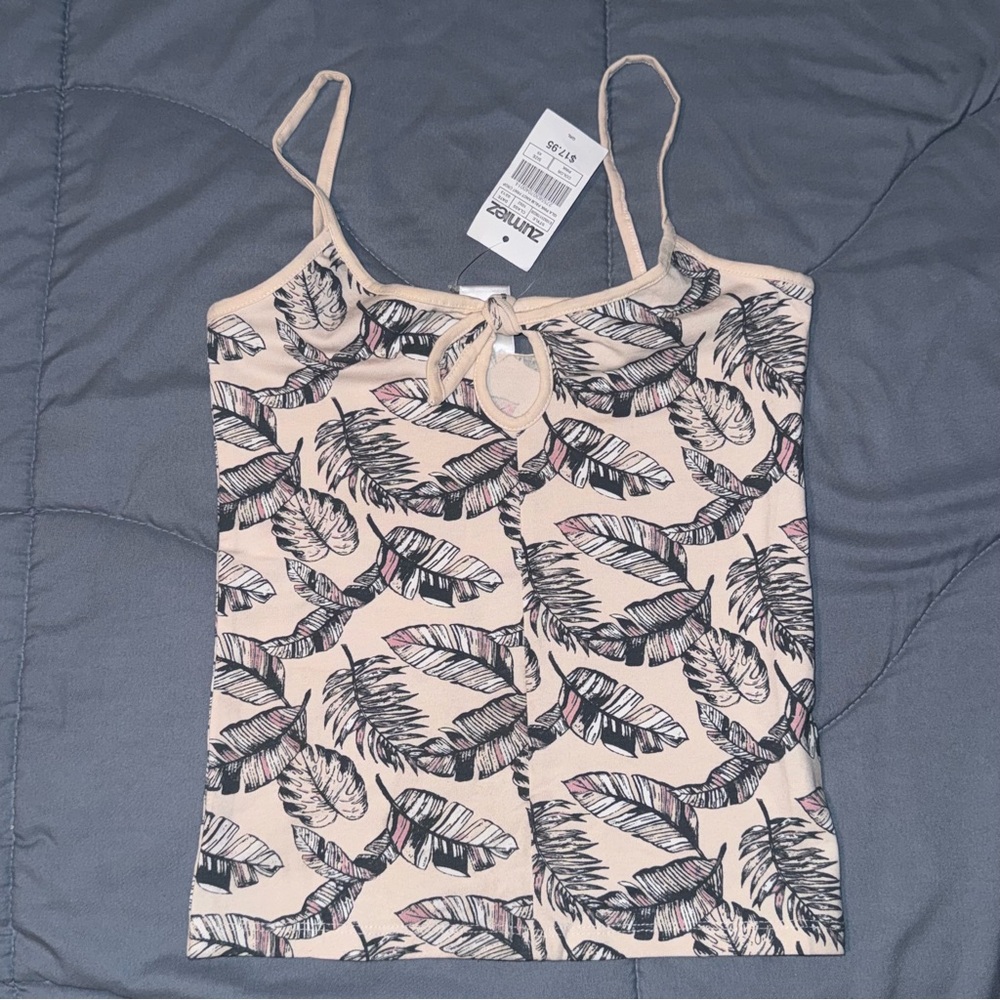 pastel pink feather leaf tank top spaghetti strap top